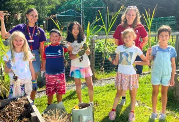 Children in the outdoor center garden harvesting fresh ingredients with their counselors