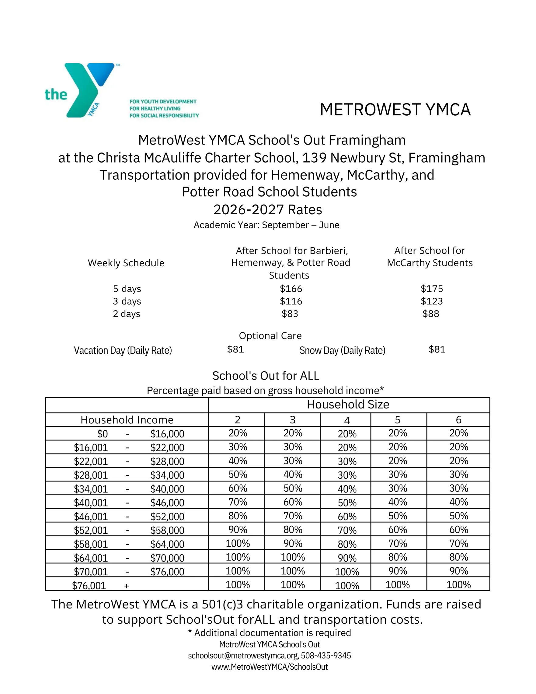 YMCA Framinghan, MA After School Program 2026 -27 Rates