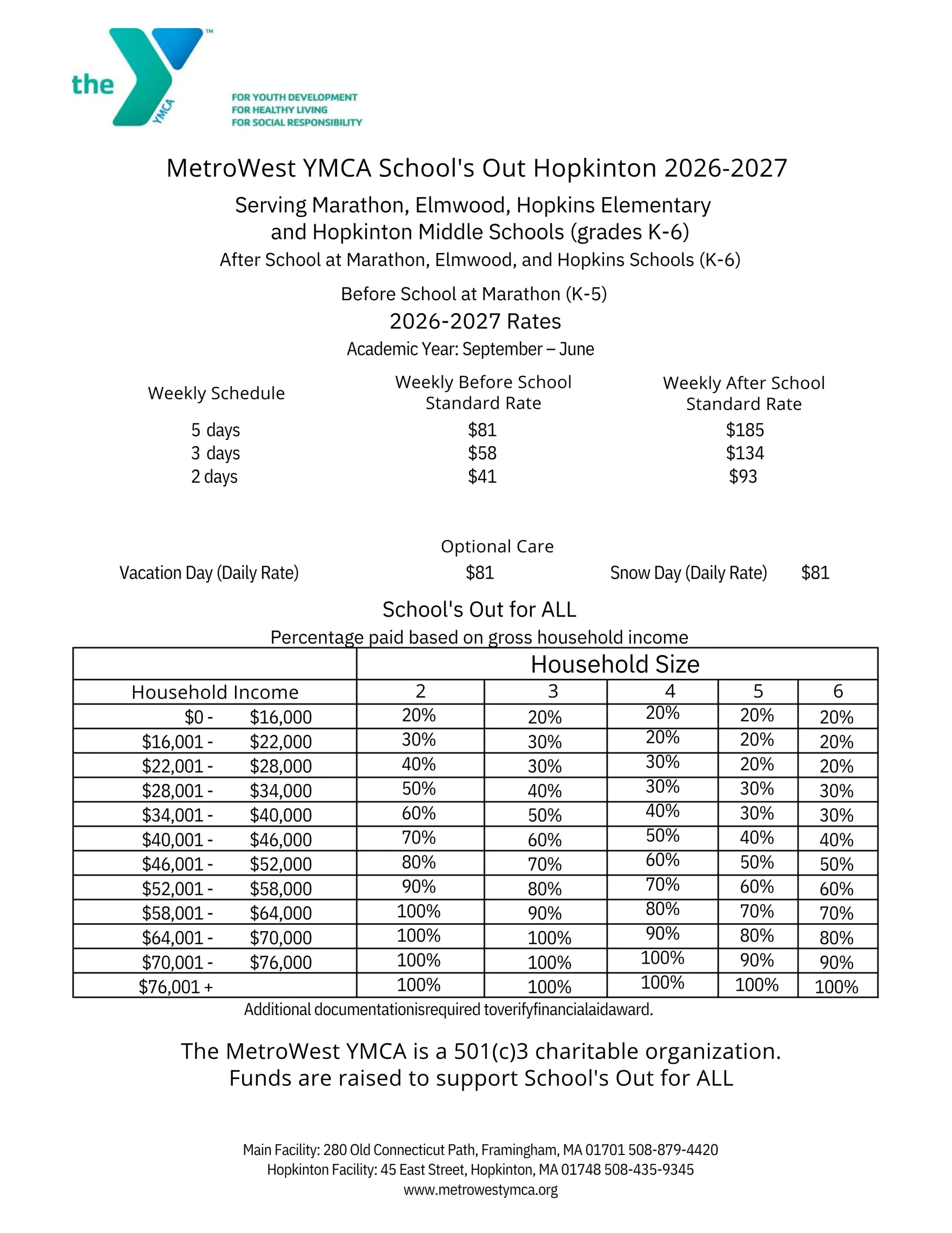 YMCA Hopkinton, MA After School Program 2026 -27 Rates