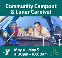 graphic that says Community Campout & Lunar Carnival with date and time